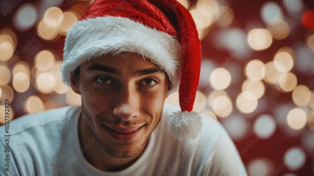 A man wearing a Santa hat smiles brightly at the camera A man wearing a Santa hat smiles brightly at the camera