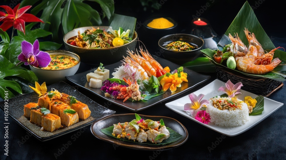 Fototapeta premium Royal Thai cuisine, with bright and colorful dishes arranged elegantly