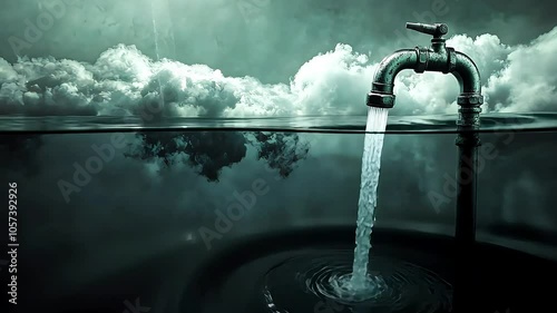 A surreal image of a faucet pouring water into a dark, cloudy environment, blending elements of nature and industrial design, evoking themes of water and its significance.