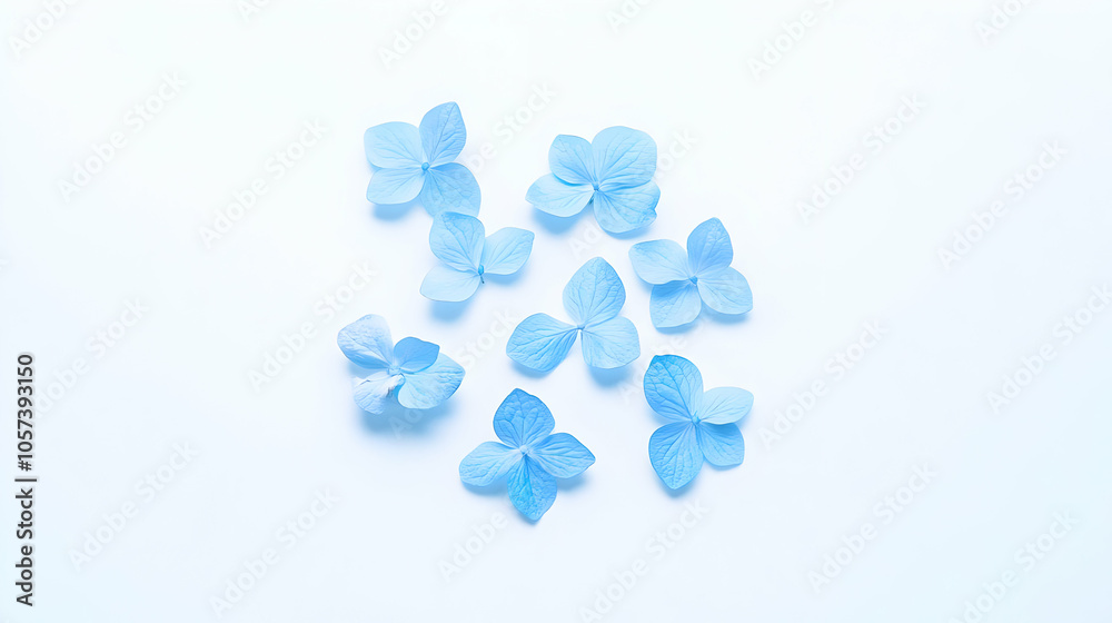 A collection of light blue flower petals arranged on a white background. A collection of light blue flower petals arranged on a white background.