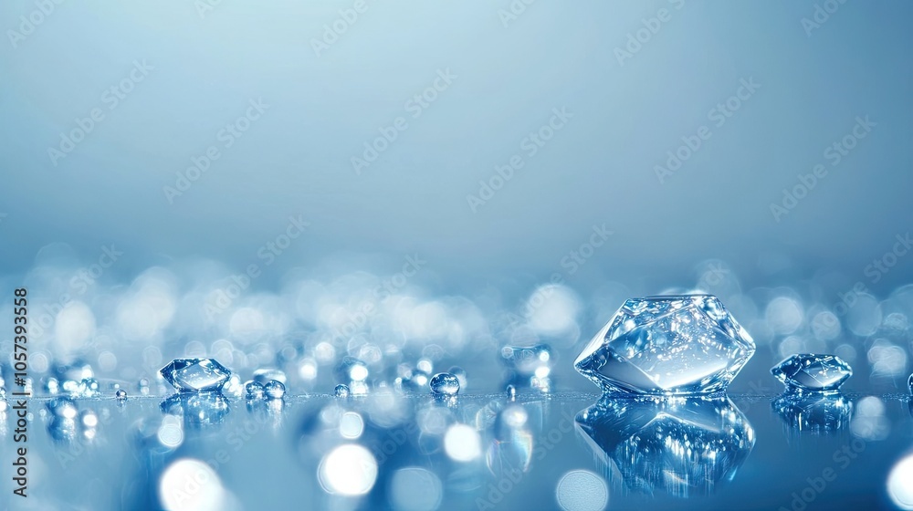 Diamond droplets adorn the surface with reflections against a serene blue background, creating an elegant display of shimmering beauty and peaceful visuals in the photo style with copy space. Diamond droplets adorn the surface with reflections against a serene blue background, creating an elegant display of shimmering beauty and peaceful visuals in the photo style with copy space.