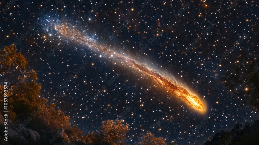 Fototapeta premium Burning comet tail streaking across the night sky, surrounded by bright stars and deep nebulae generative ai