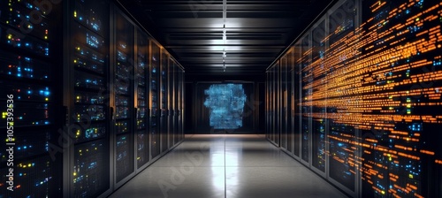 Modern Data Center With Rows of Server Racks, Big Data Concept, Cloud Storage Technology.