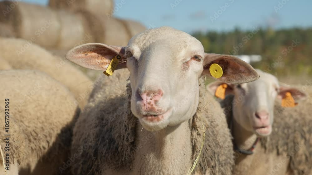 Purebred French Lacaune dairy sheep and ewes with livestock tags eat hay from a haystack on a rural pasture. Supplemental feeding of livestock on the farm. Breeding sheep in agriculture for milk. Purebred French Lacaune dairy sheep and ewes with livestock tags eat hay from a haystack on a rural pasture. Supplemental feeding of livestock on the farm. Breeding sheep in agriculture for milk.