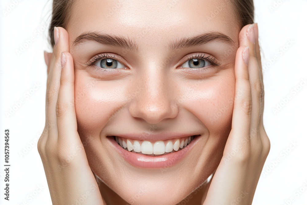 A young woman with radiant smile is gently holding her face with both hands, showcasing her clear skin and bright eyes. Her expression conveys joy and positivity, making image uplifting and engaging A young woman with radiant smile is gently holding her face with both hands, showcasing her clear skin and bright eyes. Her expression conveys joy and positivity, making image uplifting and engaging