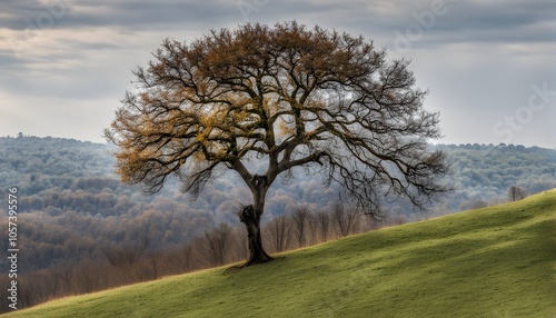 A lone tree on a hilltop each side of its branches showing different seasonal foliage, AI Generated
