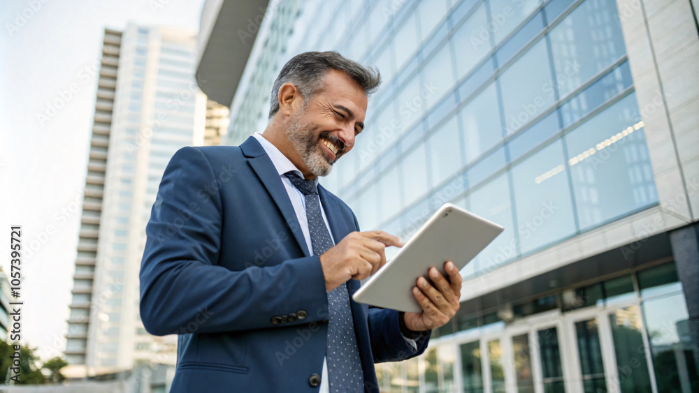 smiling businessman using tablet outdoors in modern urban setting, dressed in suit
