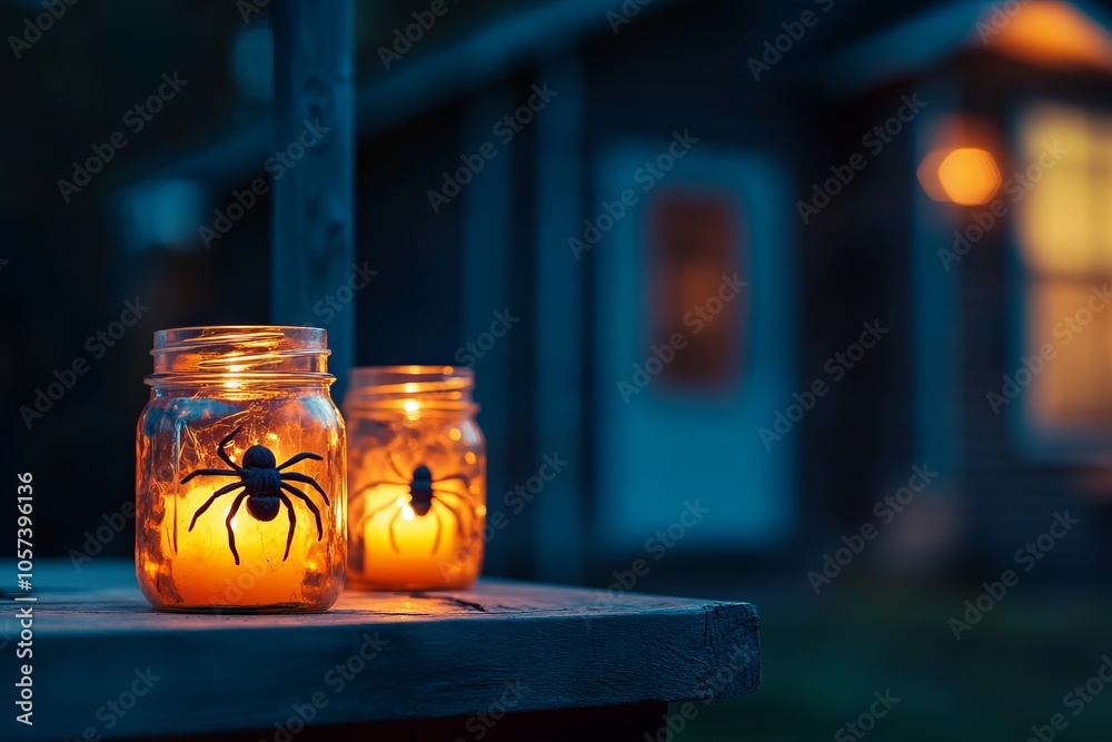 Spider-Shaped Candles in Mason Jars for Halloween Decoration - AI generated illustration Spider-Shaped Candles in Mason Jars for Halloween Decoration - AI generated illustration