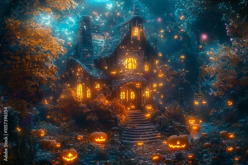 Spooky Village House with Pumpkins and Lanterns - AI generated illustration