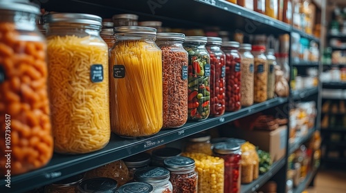 A shelf filled with jars of various pasta and grains in a grocery store.