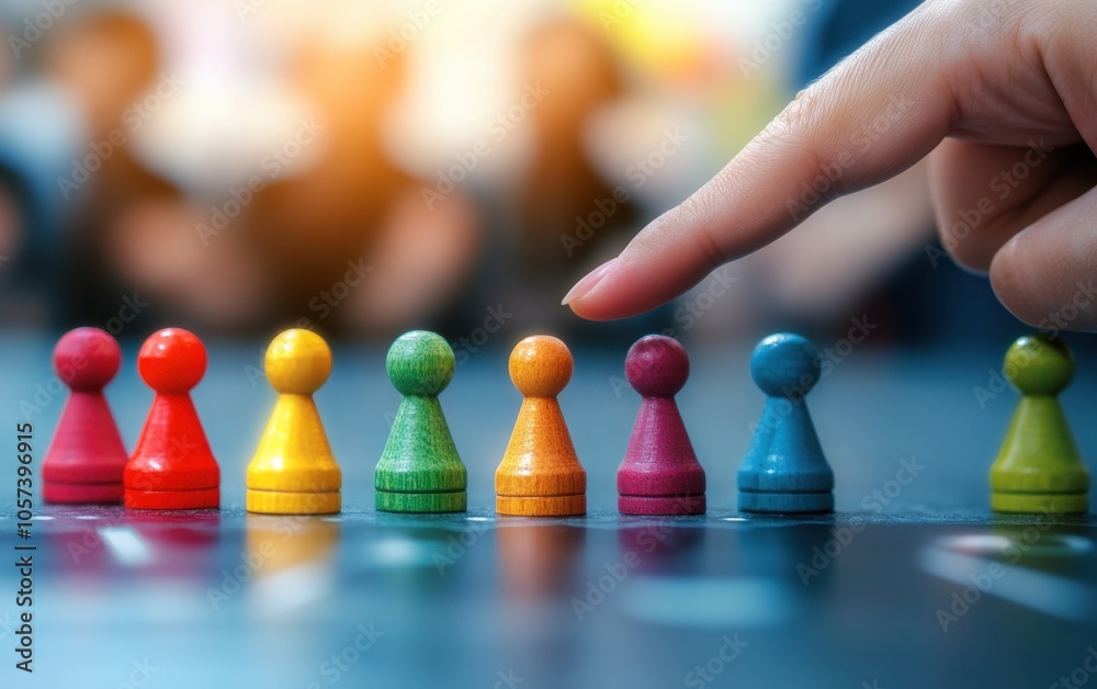 A scene of various colorful wooden pawns on a tabletop, one unique figure highlighted as a hand points to it A scene of various colorful wooden pawns on a tabletop, one unique figure highlighted as a hand points to it