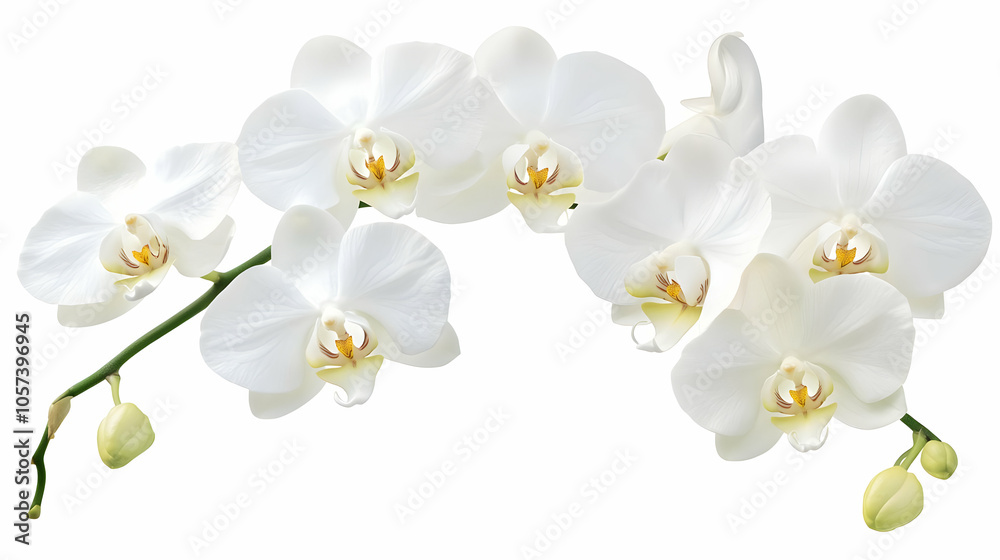 A cluster of elegant white orchids with delicate petals and yellow accents. A cluster of elegant white orchids with delicate petals and yellow accents.