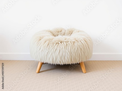 Chic and cozy beige fluffy pouf with natural wooden legs ideal for modern and scandinavian interior designs, cut out furniture front view, beige, furniture