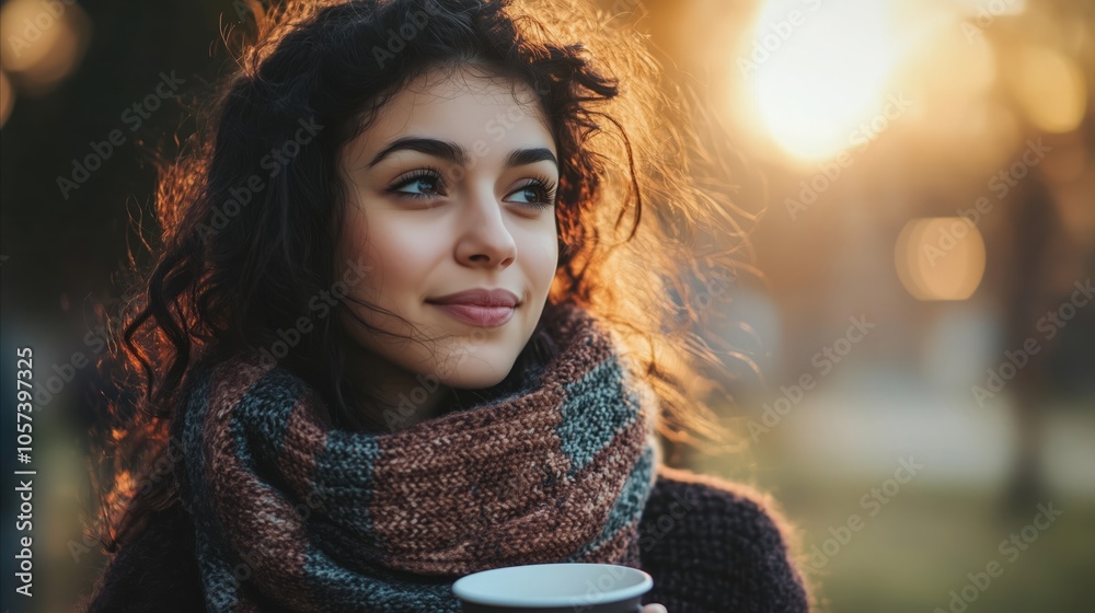 Woman with long hair and a scarf is holding a cup Woman with long hair and a scarf is holding a cup