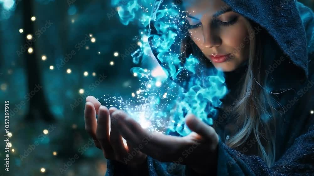 A woman wizard in robes was reciting spells and casting magical spells, with special powers in his hands
A woman wizard in robes was reciting spells and casting magical spells, with special powers in his hands