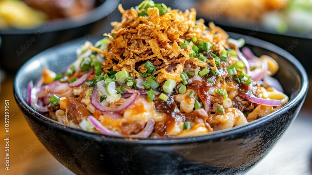 Delicious BBQ pulled pork mac and cheese, featuring smoky sauce and crispy onion topping, presented in a rustic bowl, showcasing vibrant colors and flavors Delicious BBQ pulled pork mac and cheese, featuring smoky sauce and crispy onion topping, presented in a rustic bowl, showcasing vibrant colors and flavors