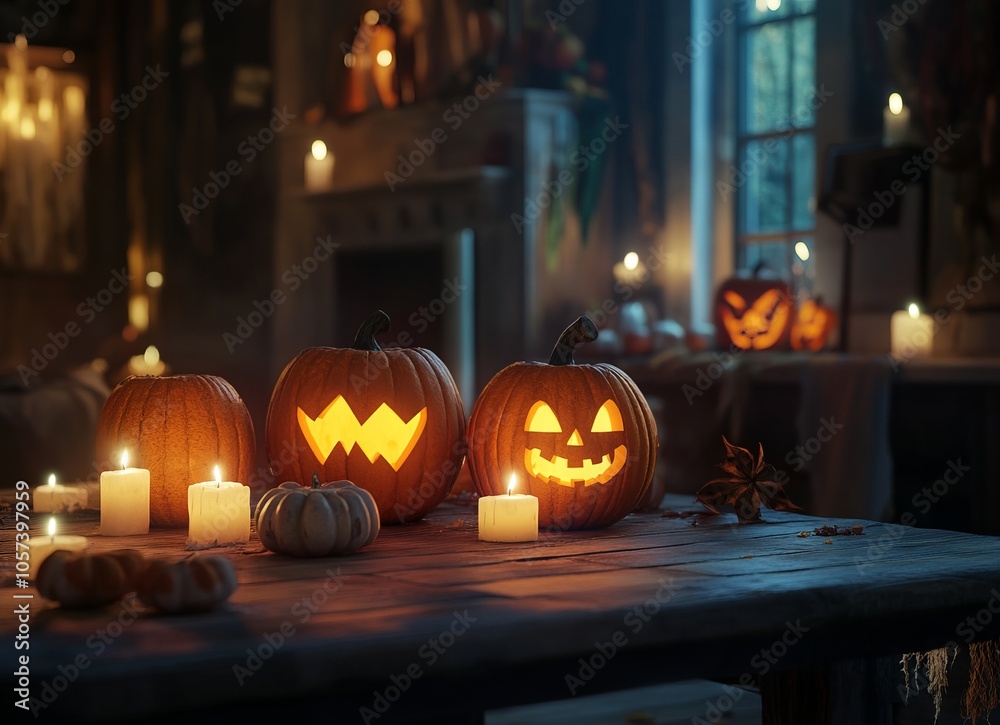 Cozy Halloween atmosphere with pumpkins and candles in a warm living room, AI generated illustration Cozy Halloween atmosphere with pumpkins and candles in a warm living room, AI generated illustration