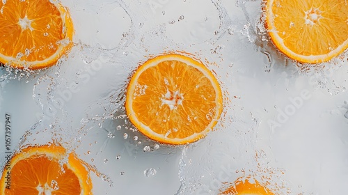 Many oranges with beautiful splashes of water.