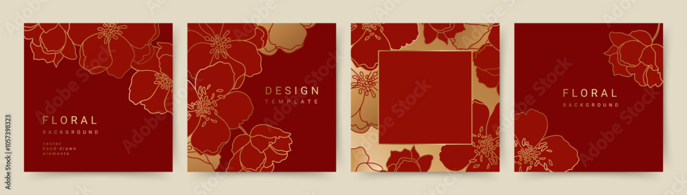 Fototapeta premium Elegant luxury red background with hand drawn gold flower pattern. Floral frame. Vector templates for social media post, wedding invitation, greeting card, packaging, branding, design