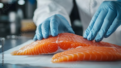 Close up of Sustainable Lab Grown Fish Fillet Being Inspected by Scientist in Food Technology Lab