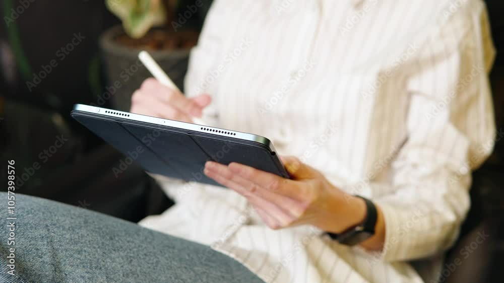 A person uses a stylus to navigate a tablet while sitting on a couch A person uses a stylus to navigate a tablet while sitting on a couch