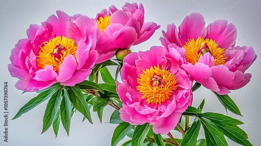 A vibrant bouquet of pink peonies with yellow centers and green leaves. A vibrant bouquet of pink peonies with yellow centers and green leaves.
