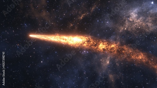 Burning comet tail streaking across the night sky, surrounded by bright stars and deep nebulae generative ai