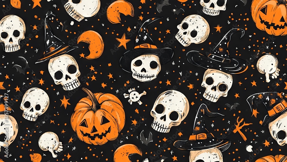 Halloween vector pattern with skulls, pumpkins, and witches hats on a black background, AI generated illustration Halloween vector pattern with skulls, pumpkins, and witches hats on a black background, AI generated illustration