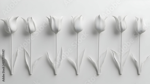 A minimalist arrangement of white tulips against a smooth white background.