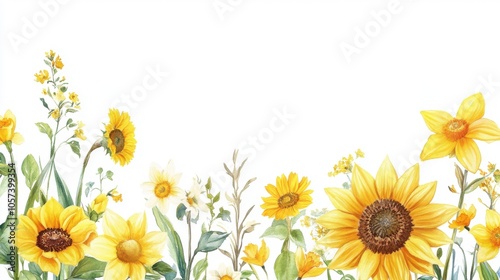 Watercolor sunflower and daffodil border, bright and highly
