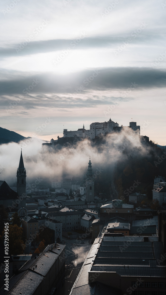 Salzburg magical morning scene with fog during autumn sunrise, Salzburger Land, Austria