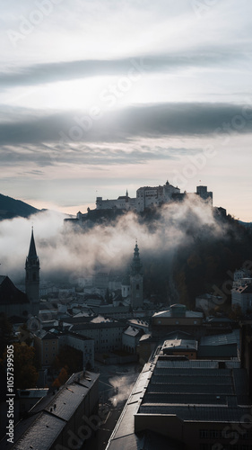 Obraz na płótnie Salzburg magical morning scene with fog during autumn sunrise, Salzburger Land, Austria w salonie