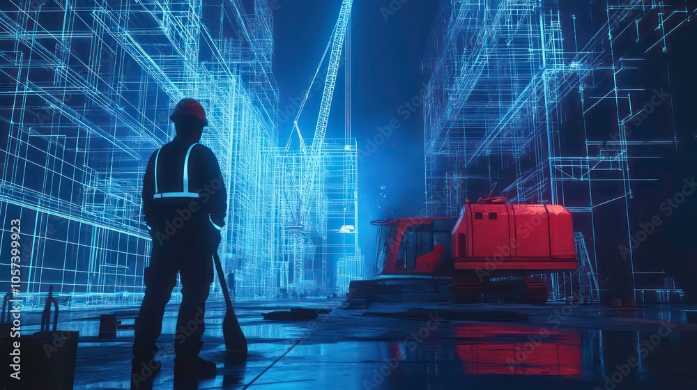 Fototapeta premium A silhouetted worker interacts with a futuristic digital environment filled with data structures.