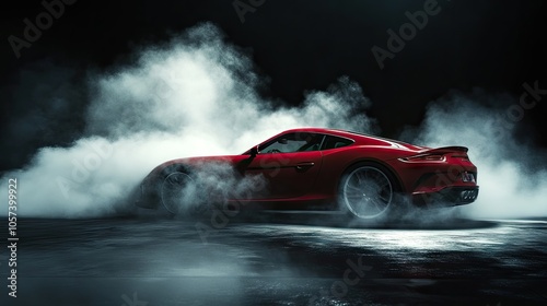 Red sports car in the spotlight, surrounded by smoke on a black background, conveying speed and luxury.