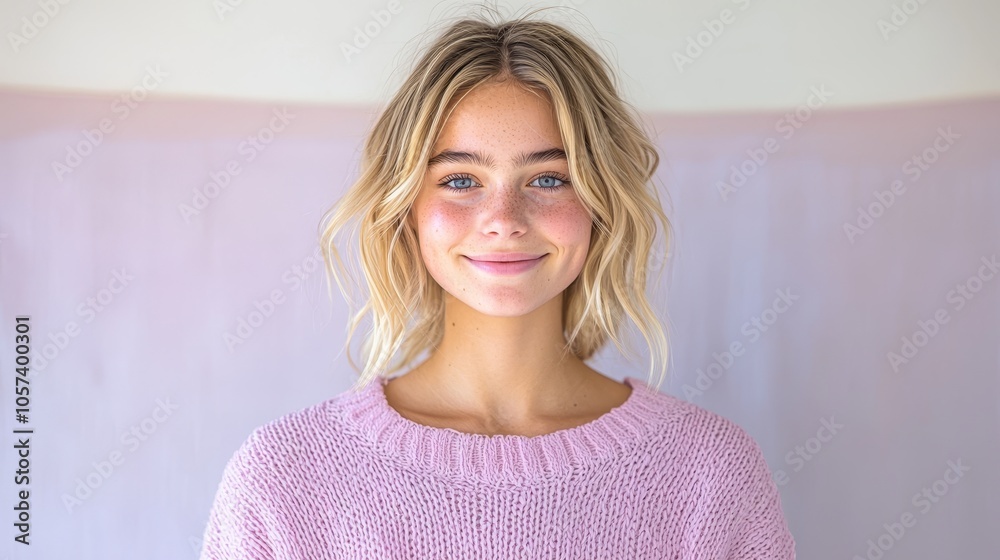 Bright and cheerful portrait of a young woman with natural beauty and radiant smile in soft pink sweater setting Bright and cheerful portrait of a young woman with natural beauty and radiant smile in soft pink sweater setting