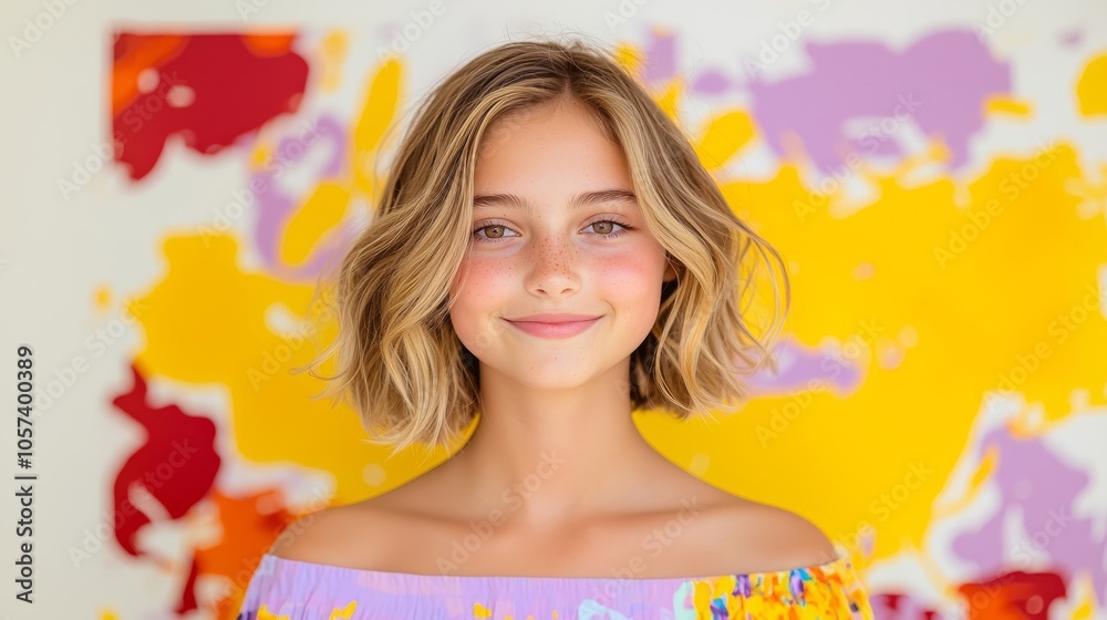 A bright and cheerful portrait of a young girl against a vibrant abstract background with bold colors and patterns A bright and cheerful portrait of a young girl against a vibrant abstract background with bold colors and patterns