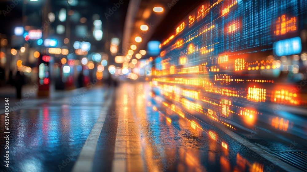 An urban night scene with bokeh lights and digital data overlays on a wet street, creating a futuristic cityscape atmosphere. An urban night scene with bokeh lights and digital data overlays on a wet street, creating a futuristic cityscape atmosphere.