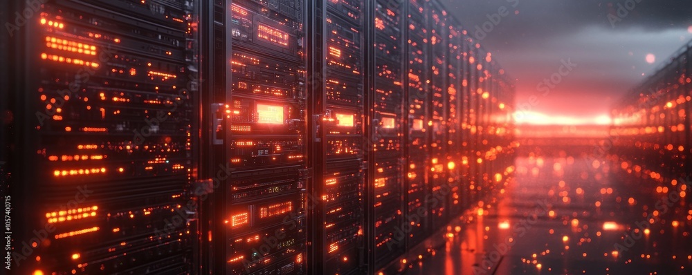 A futuristic server room filled with glowing racks of data storage equipment. A futuristic server room filled with glowing racks of data storage equipment.