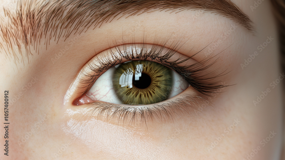 A very close-up front view of a realistic green eye of a brunette female
A very close-up front view of a realistic green eye of a brunette female