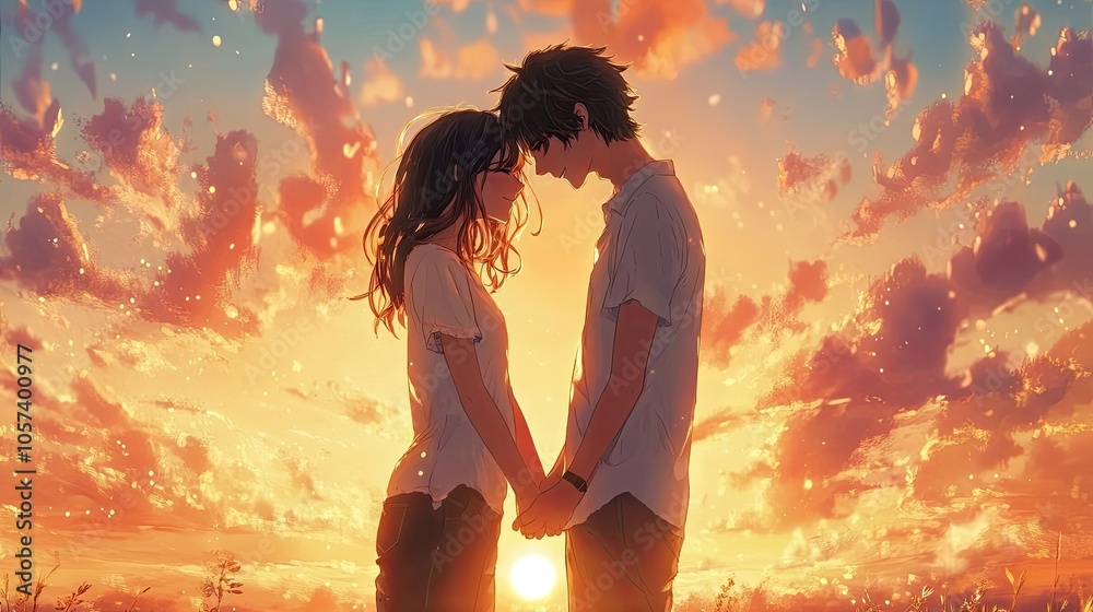 Obraz premium Romantic anime couple standing close, holding hands and smiling against a sunset sky.