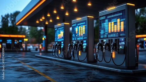 Modern gas station featuring digital data screens and multiple fuel pumps under sleek lighting, highlighting advanced technology in fueling infrastructure.