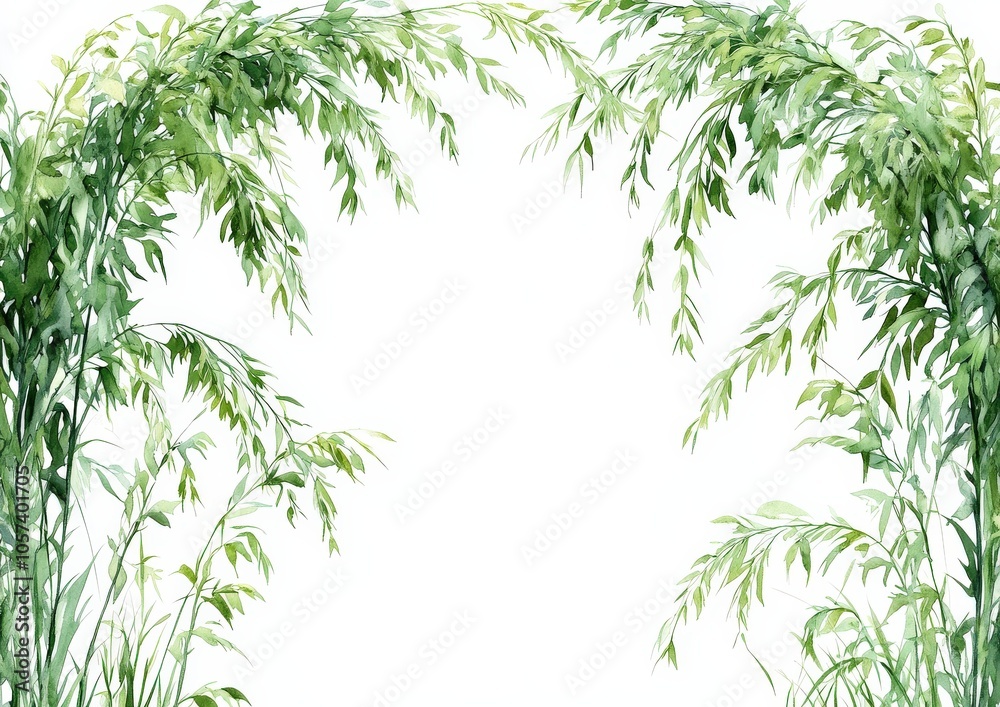 Fototapeta premium Elegant Green Foliage Watercolor Frame with Natural Leafy Arch Design, Botanical Decor, Perfect for Invitations, Weddings, Nature-Themed Art, Greeting Cards