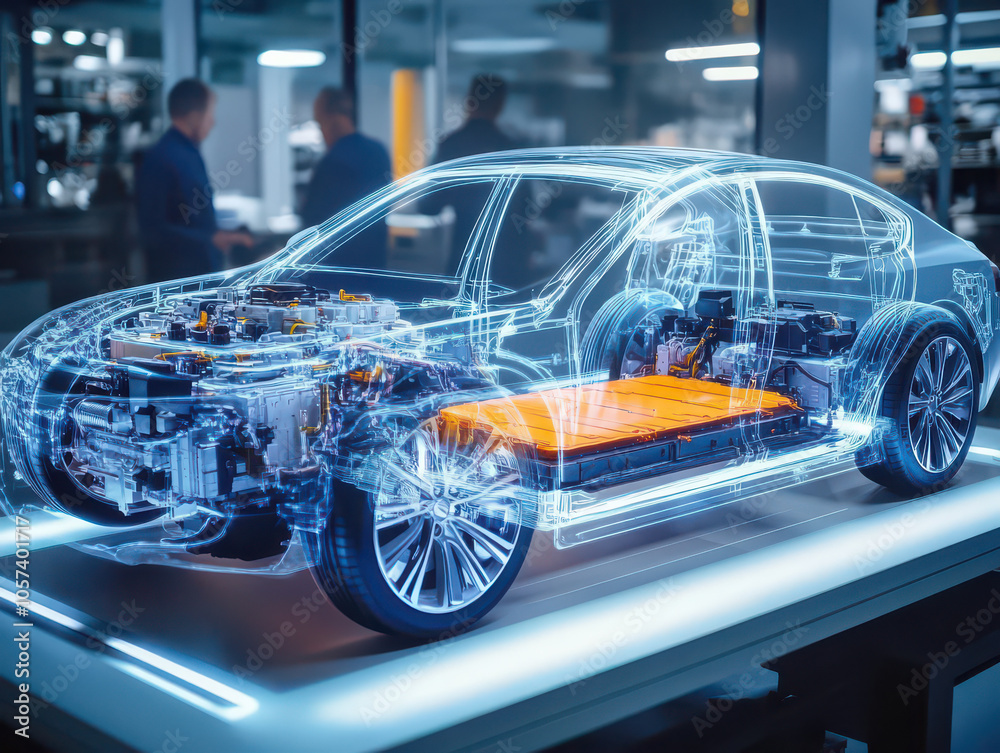 Futuristic holographic display of an electric vehicle highlighting its intricate internal components and technology. Futuristic holographic display of an electric vehicle highlighting its intricate internal components and technology.
