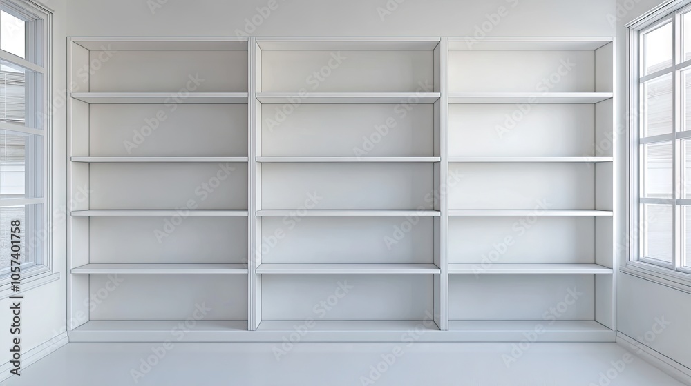 Simple, clean-lined white bookshelf with ample empty shelves, surrounded by ample white space, perfect for lifestyle design themes.