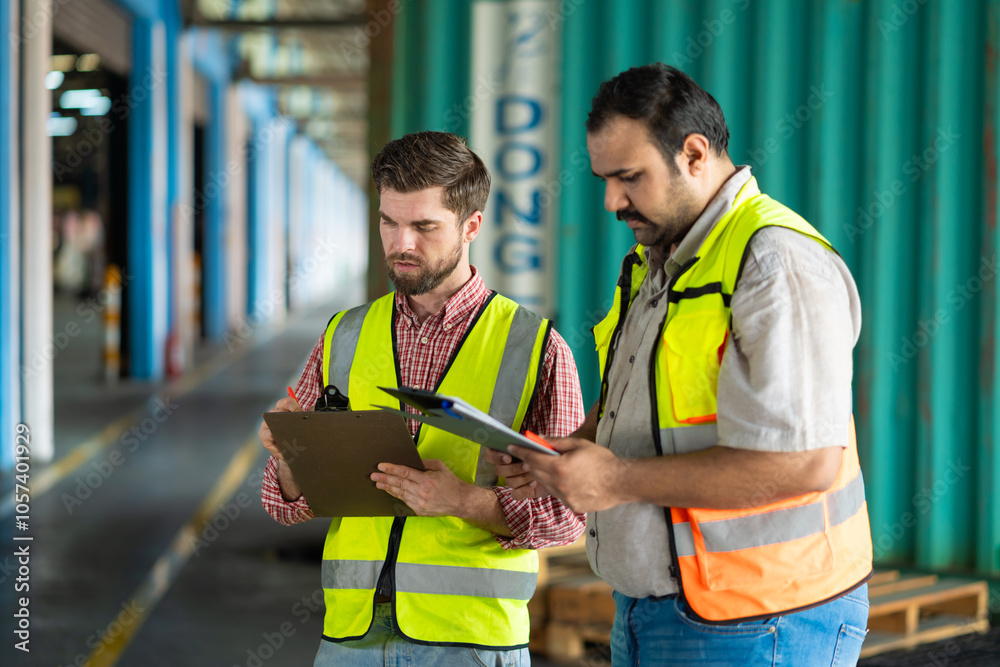 Two men in safety vests are looking at something on a clipboard. They are wearing reflective vests and are standing in a warehouse Two men in safety vests are looking at something on a clipboard. They are wearing reflective vests and are standing in a warehouse