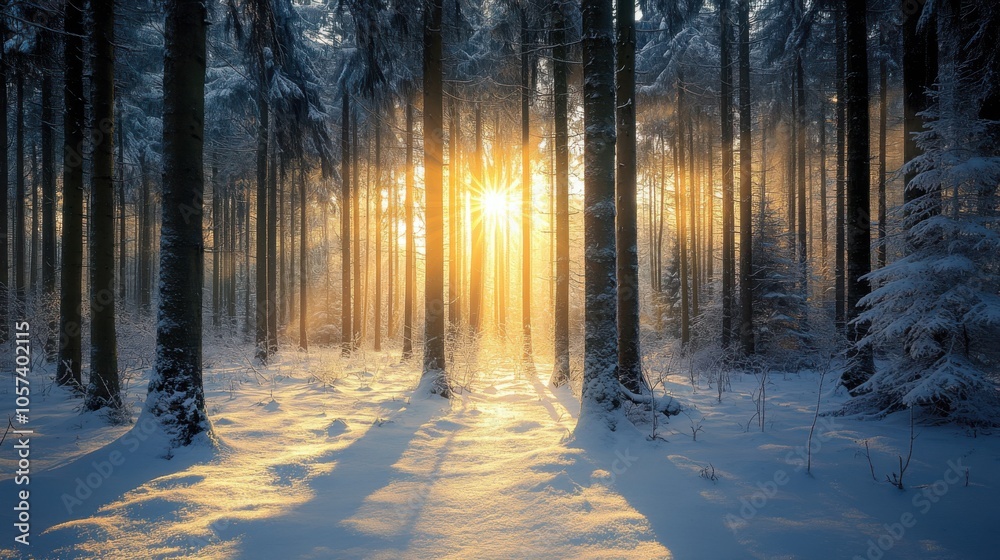 A dense forest covered in snow with the sun shining through the trees A dense forest covered in snow with the sun shining through the trees