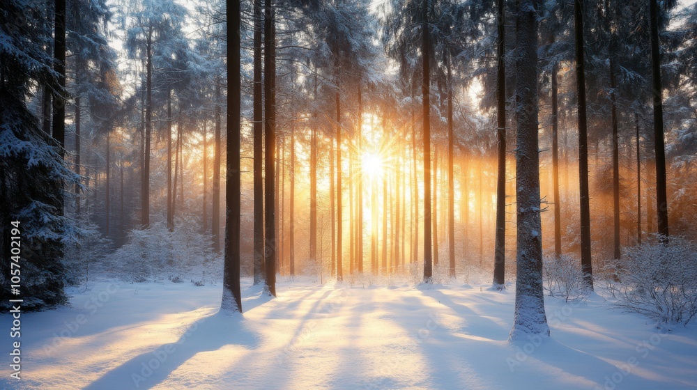 A dense forest covered in snow with the sun shining through the trees A dense forest covered in snow with the sun shining through the trees