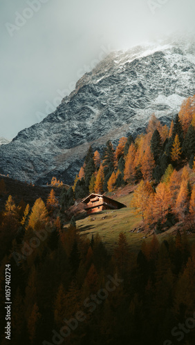 Obraz na płótnie Stunning mountain scenery in fall with old farmhouse at sunrise, Osttirol region, Tyrol, Austria w salonie