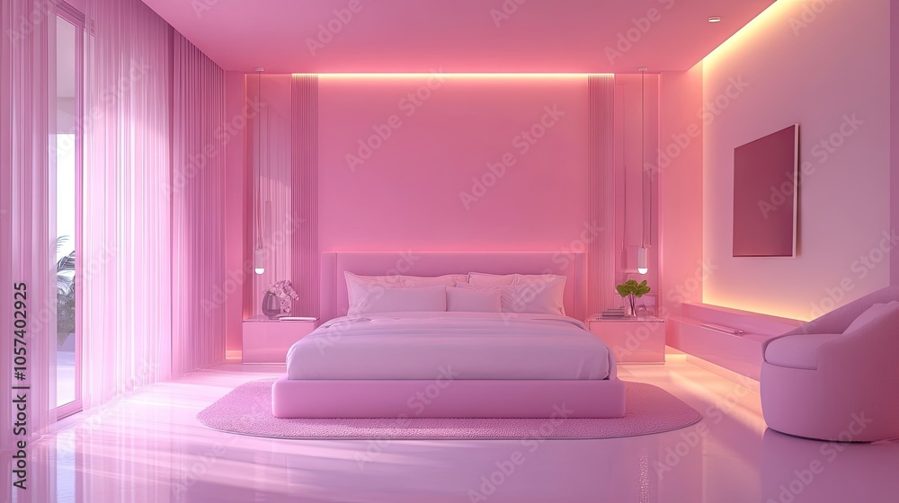 Spacious pink bedroom with luxurious bedding and simple decor, offering space for copy and ideal for promoting cozy, high-end interiors. Spacious pink bedroom with luxurious bedding and simple decor, offering space for copy and ideal for promoting cozy, high-end interiors.