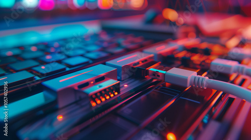 Sleek USB hub with multiple ports connected to various devices, showcasing modern design and functionality in a tech-focused setup.